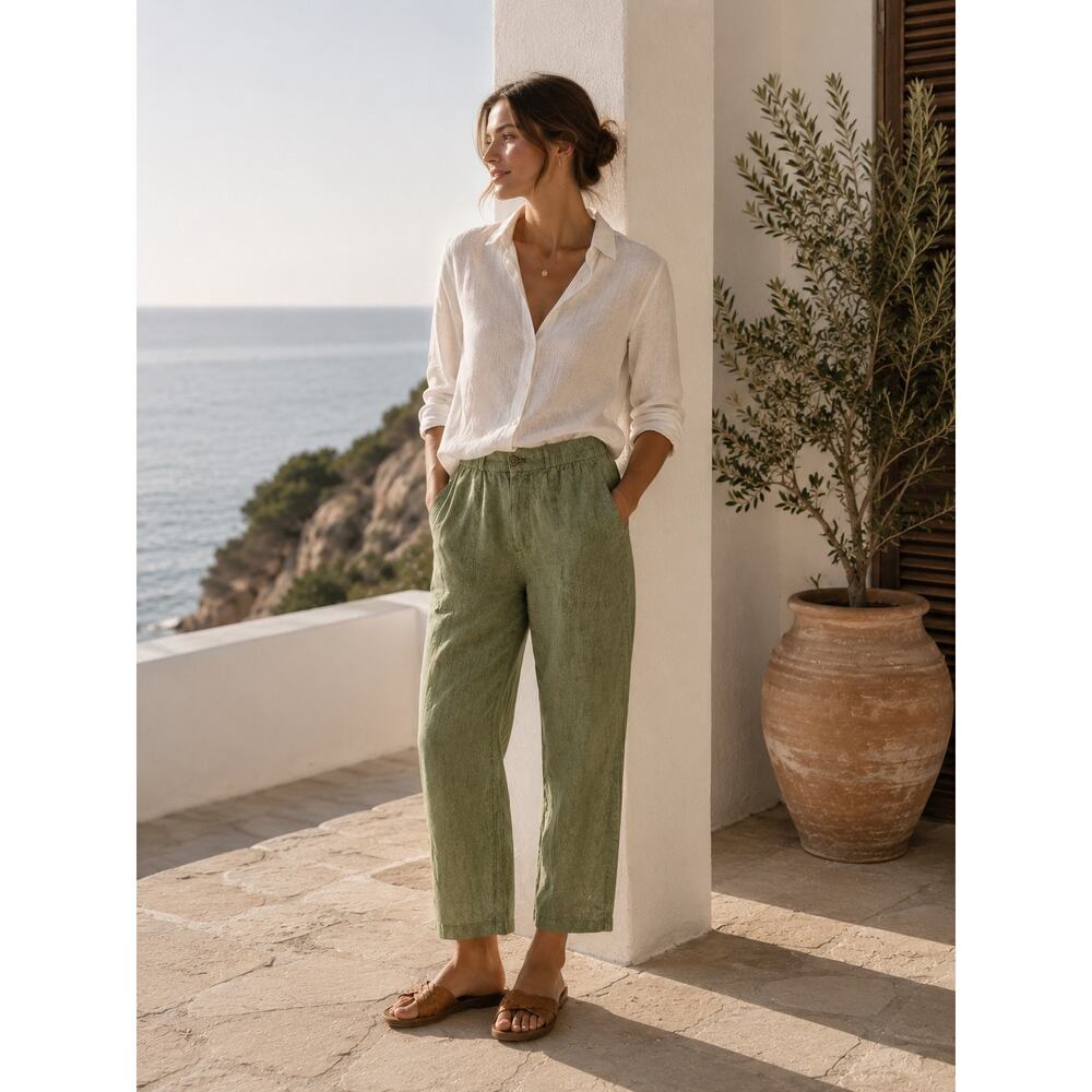 Eileen Fisher Organic Linen Green Straight Leg Pants Size Large Petite Lagenlook